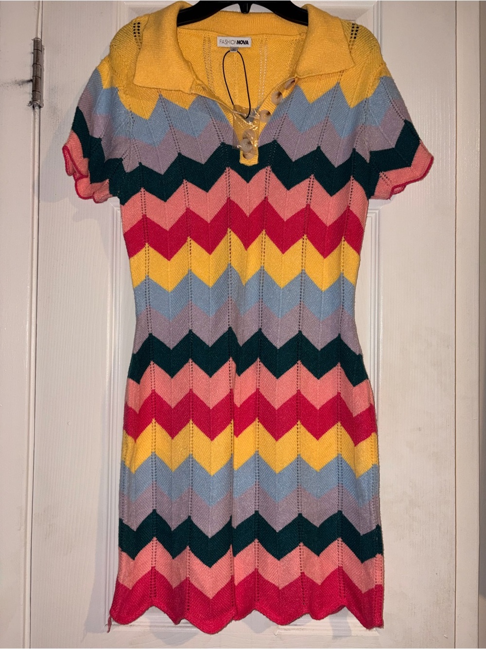 Fashion Nova Yellow Collar Multicolor Chevron Knit Dress